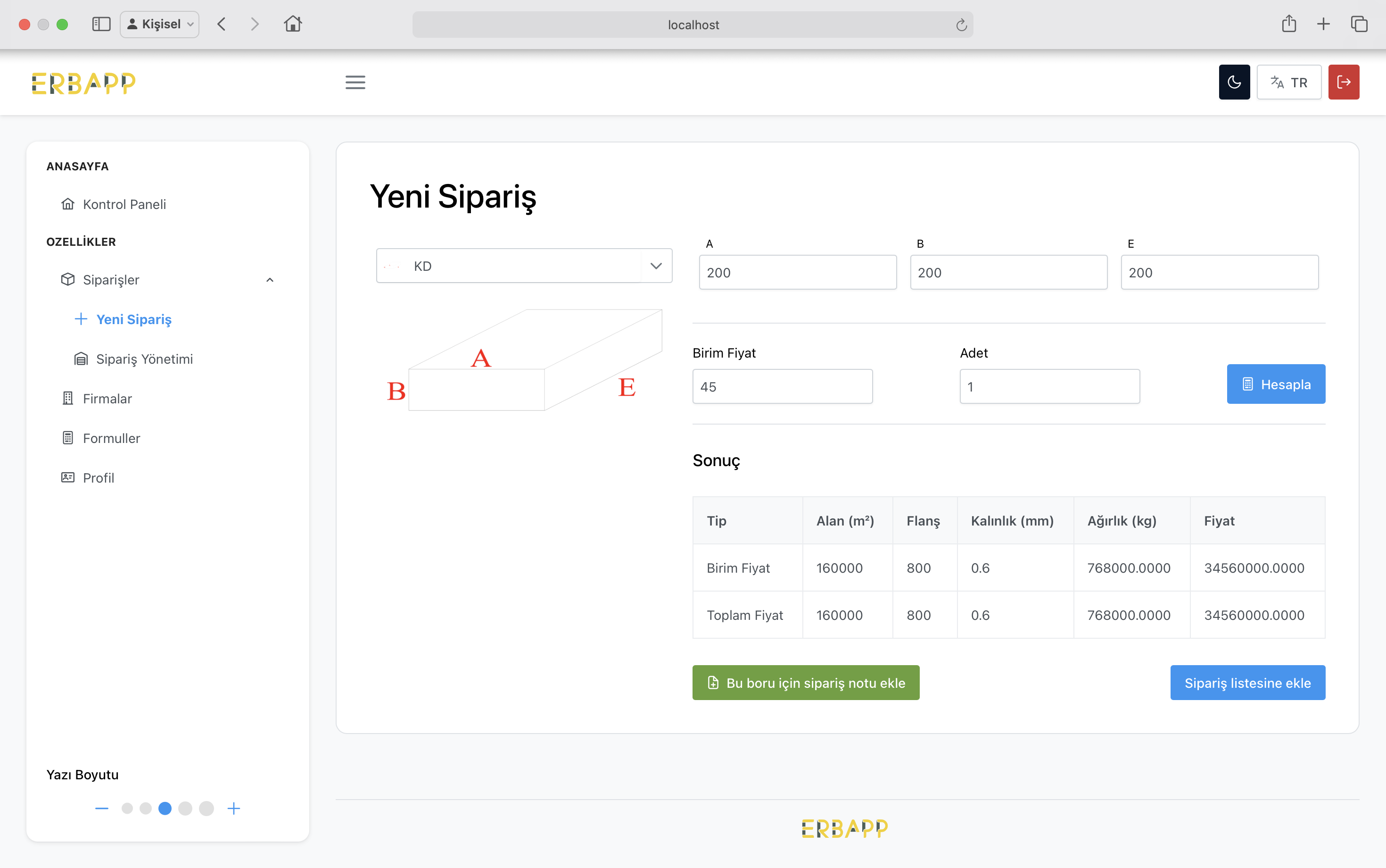 ErbApp uygulamasının dinamik tasarımı sayesinde hızlı ve kolay bir şekilde sipariş oluşturun.<span style="color:#f4cf14; font-weight: 900;"> Borunun birim ve toplam metrekare, fiyat, flanş ve kalınlık hesaplarını görüntüleyin. </span>Kullanıcının o boru tipi için özel isteklerini not alın. Hesabı onayladıktan sonra sipariş listesine ekleyin.